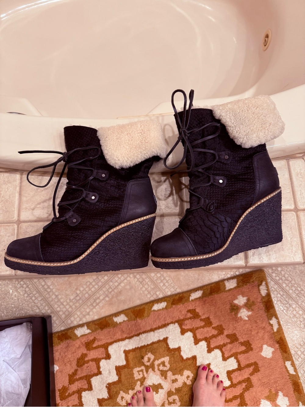 Australia Luxe Collective Black Leather Wedge Lace-Up Faux Shearling Booties